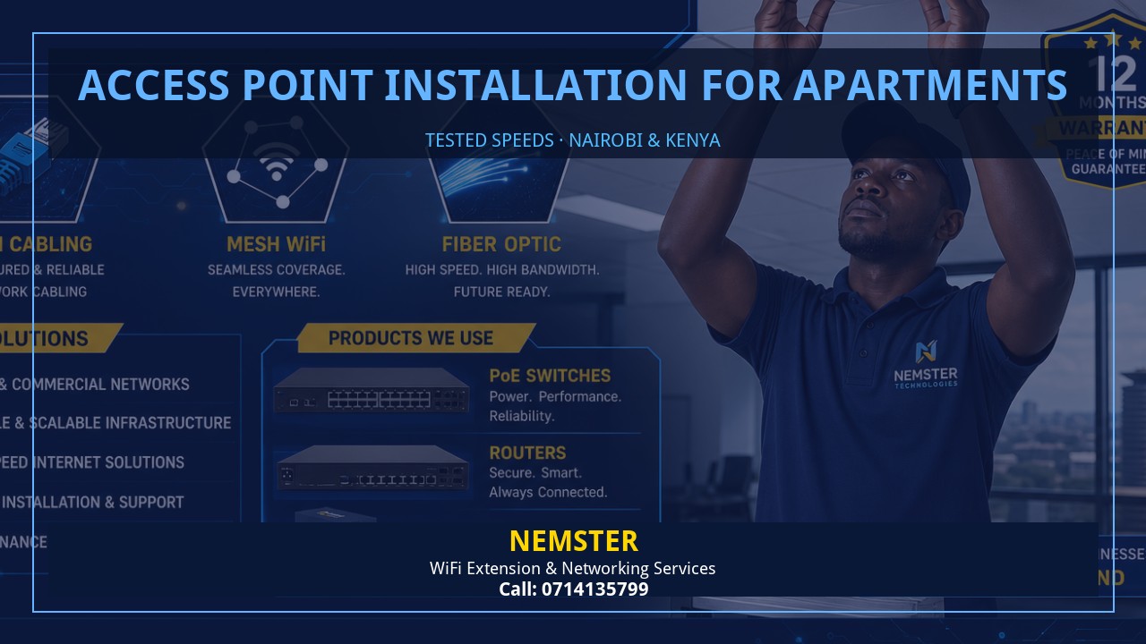 Access Point Installation for Apartments | Resident Strong Wifi | Nemster Resident using a laptop in an apartment with strong reliable WiFi coverage — Access Point Installation for Apartments by Nemster in Nairobi & Kenya
