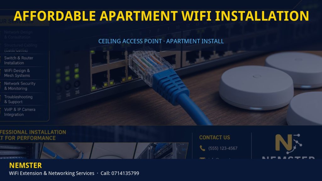 Technician installing a ceiling WiFi access point in an apartment corridor — Affordable Apartment WiFi Installation by Nemster in Nairobi & Kenya