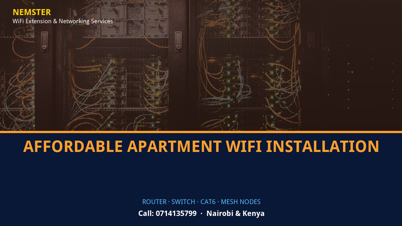 Close-up of router, PoE switch, Cat6 cabling and professional networking equipment — Affordable Apartment WiFi Installation by Nemster in Nairobi & Kenya