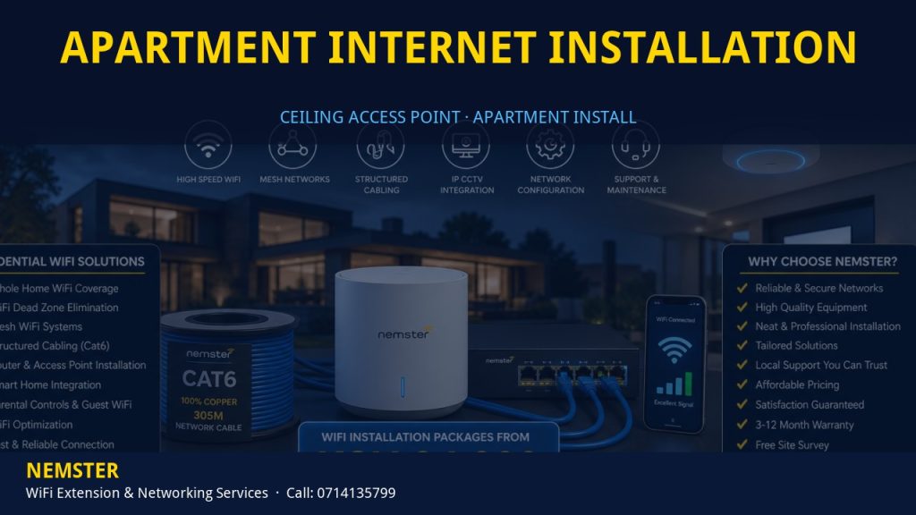 Technician installing a ceiling WiFi access point in an apartment corridor — Apartment Internet Installation by Nemster in Nairobi & Kenya
