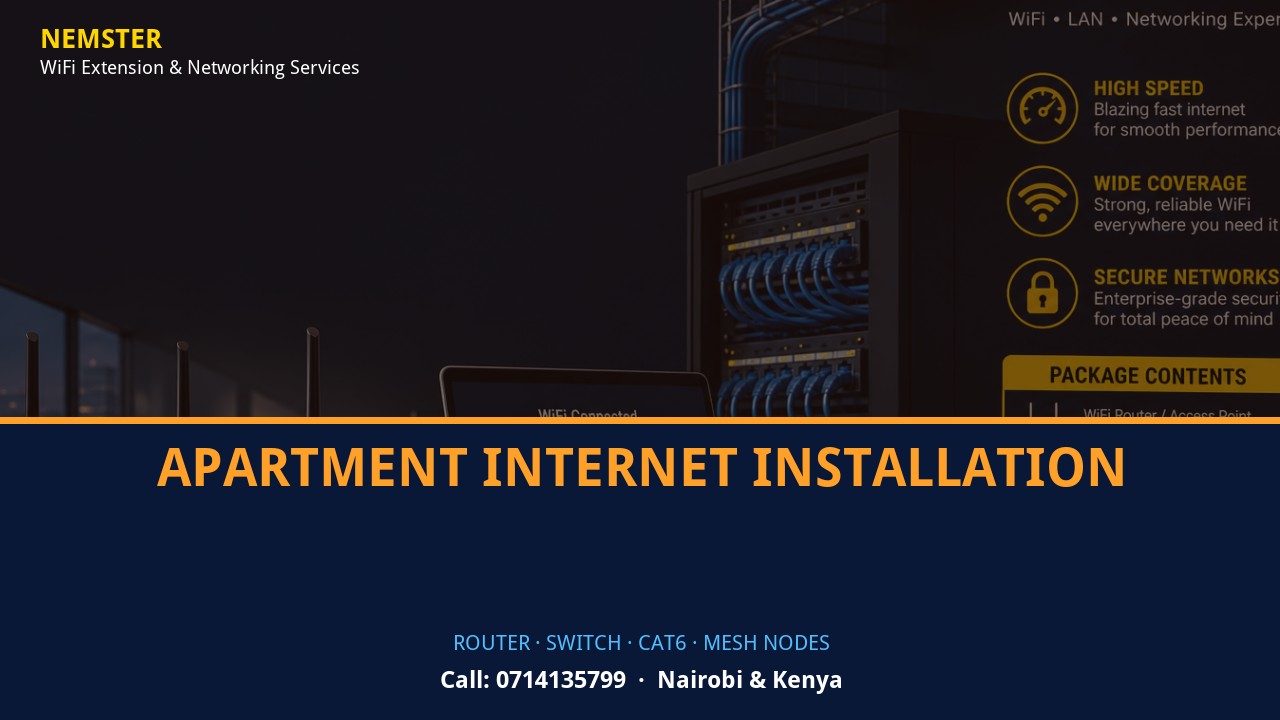 Close-up of router, PoE switch, Cat6 cabling and professional networking equipment — Apartment Internet Installation by Nemster in Nairobi & Kenya