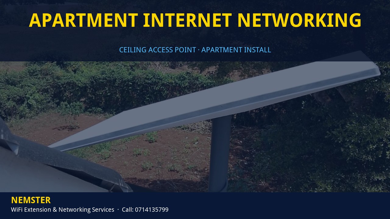 Technician installing a ceiling WiFi access point in an apartment corridor — Apartment Internet Networking by Nemster in Nairobi & Kenya