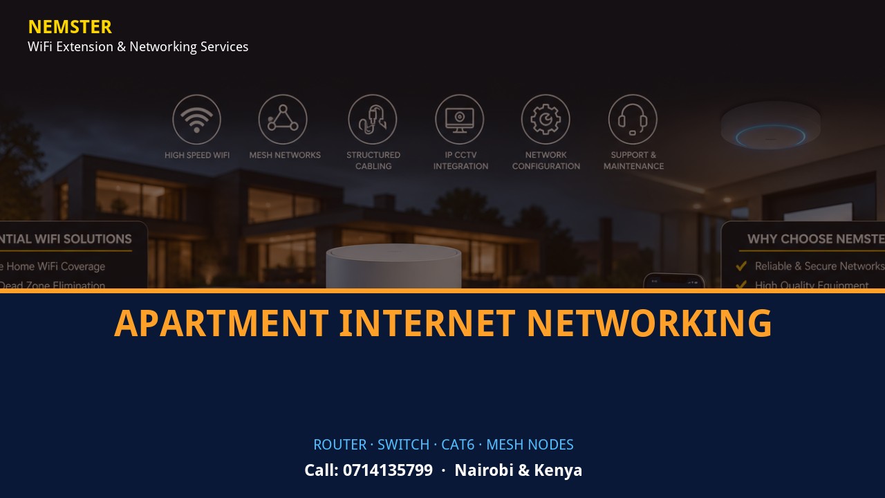Close-up of router, PoE switch, Cat6 cabling and professional networking equipment — Apartment Internet Networking by Nemster in Nairobi & Kenya