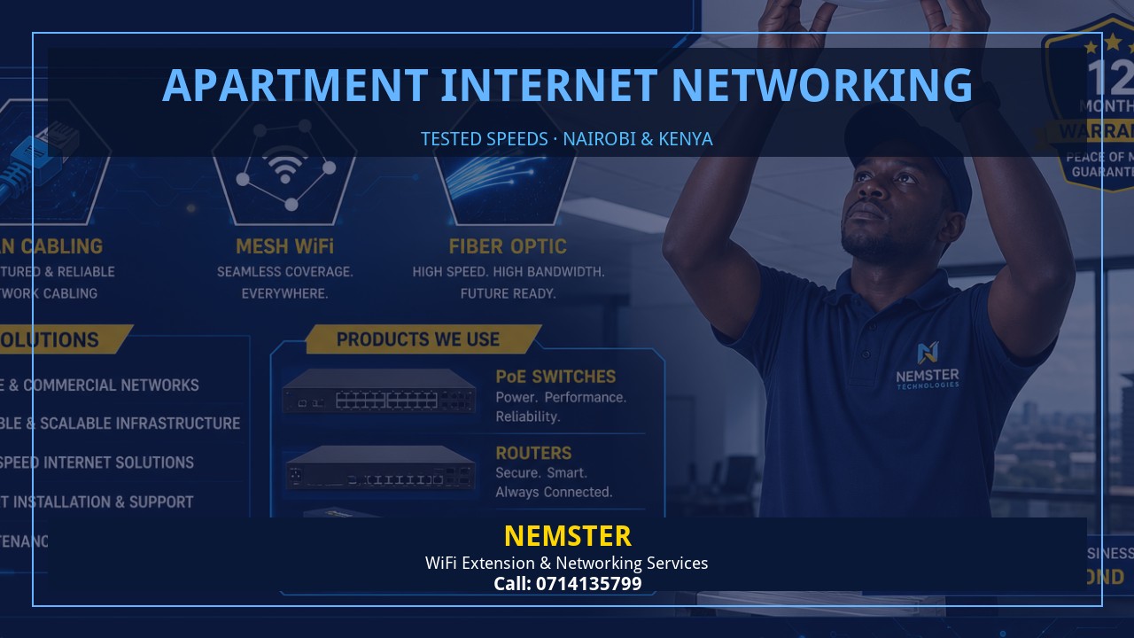 Resident using a laptop in an apartment with strong reliable WiFi coverage — Apartment Internet Networking by Nemster in Nairobi & Kenya