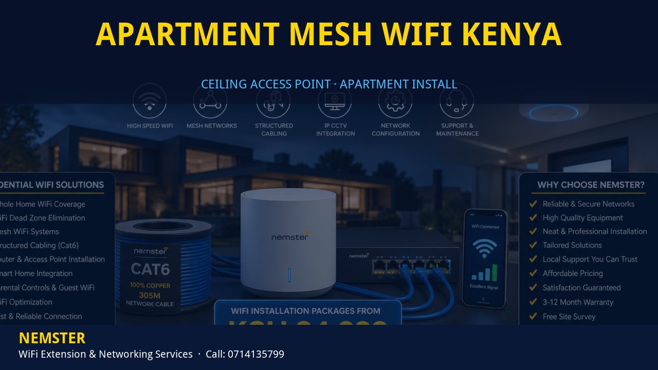 Technician installing a ceiling WiFi access point in an apartment corridor — Apartment Mesh WiFi Kenya by Nemster in Nairobi & Kenya