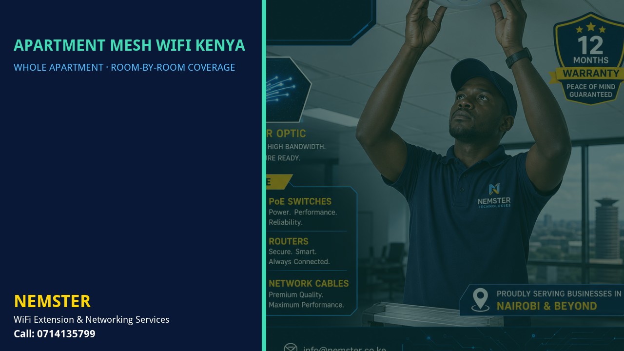 Modern apartment with multi-room WiFi coverage reaching lounge and bedrooms — Apartment Mesh WiFi Kenya by Nemster in Nairobi & Kenya