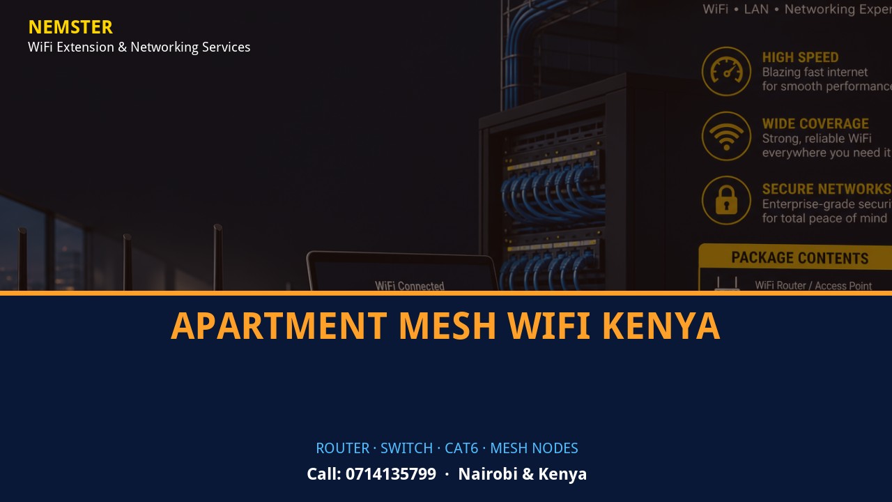 Close-up of router, PoE switch, Cat6 cabling and professional networking equipment — Apartment Mesh WiFi Kenya by Nemster in Nairobi & Kenya