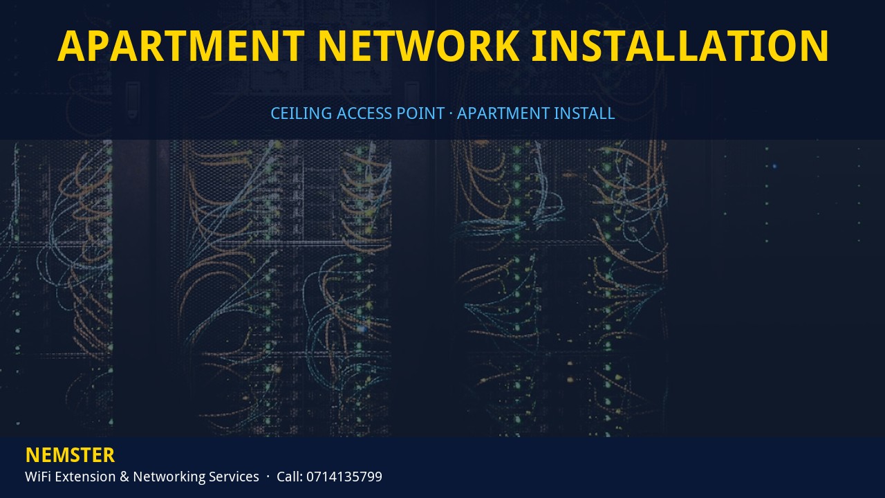 Technician installing a ceiling WiFi access point in an apartment corridor — Apartment Network Installation by Nemster in Nairobi & Kenya