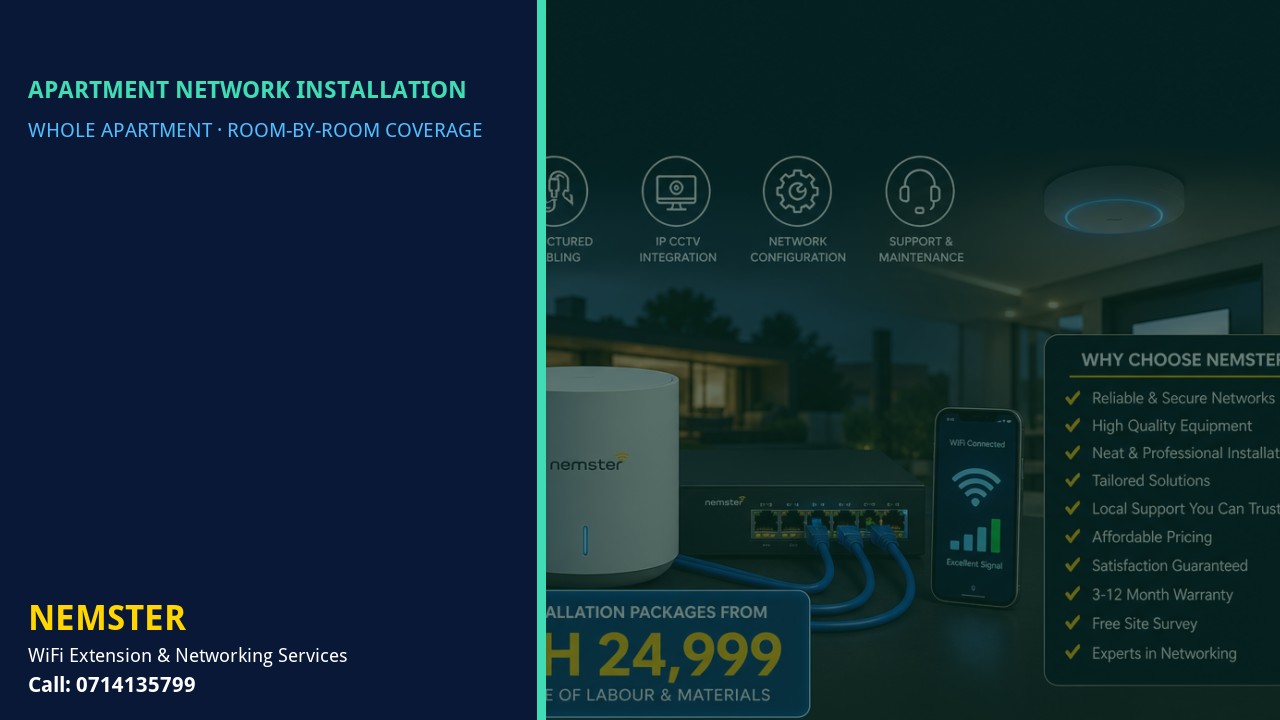 Modern apartment with multi-room WiFi coverage reaching lounge and bedrooms — Apartment Network Installation by Nemster in Nairobi & Kenya