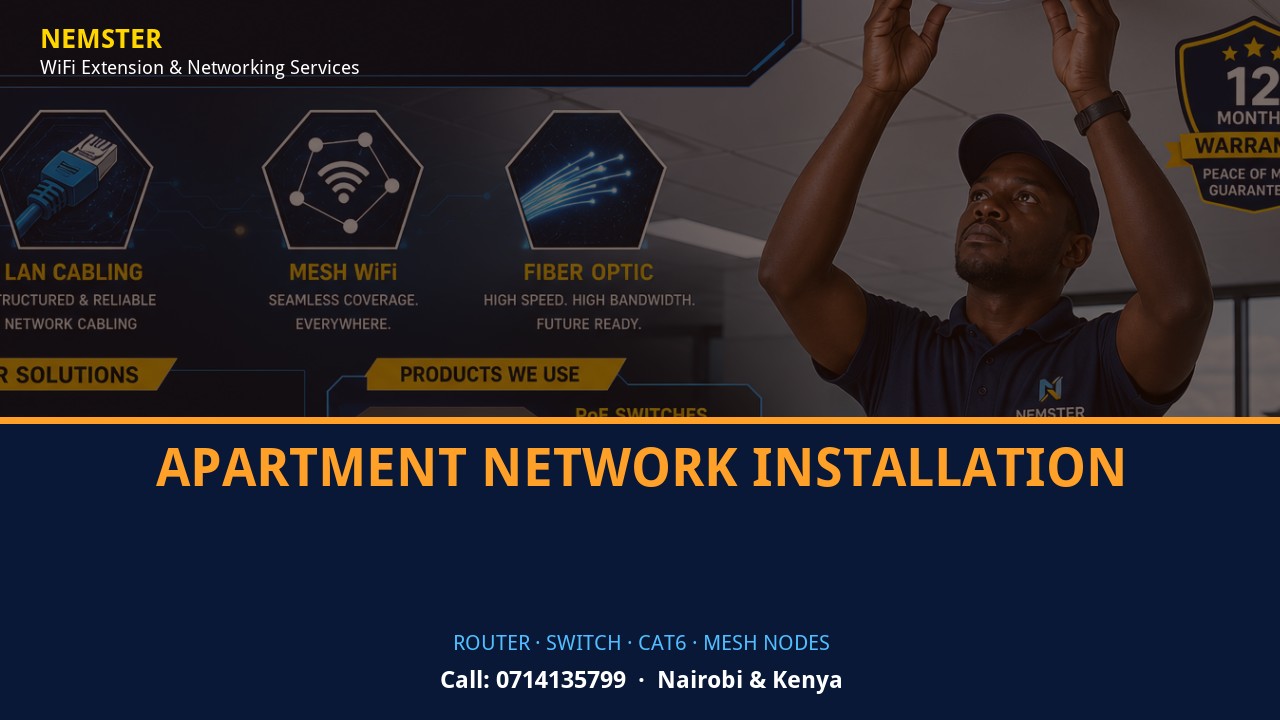 Close-up of router, PoE switch, Cat6 cabling and professional networking equipment — Apartment Network Installation by Nemster in Nairobi & Kenya