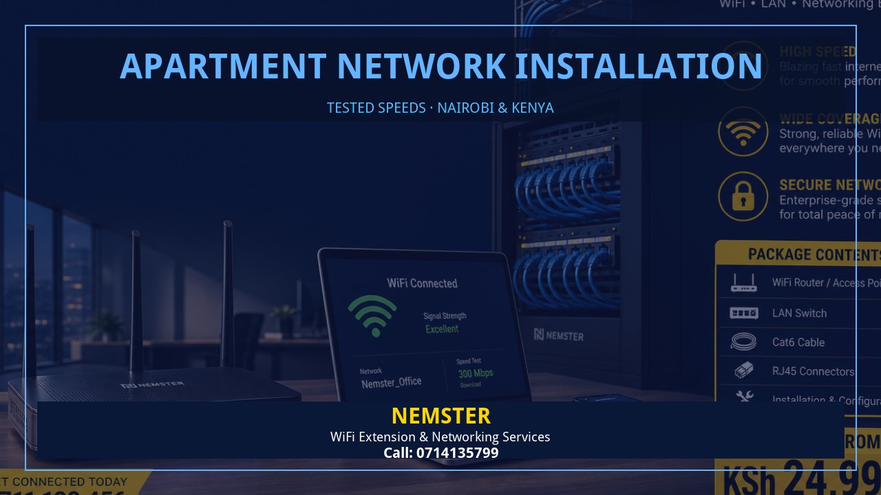 Resident using a laptop in an apartment with strong reliable WiFi coverage — Apartment Network Installation by Nemster in Nairobi & Kenya