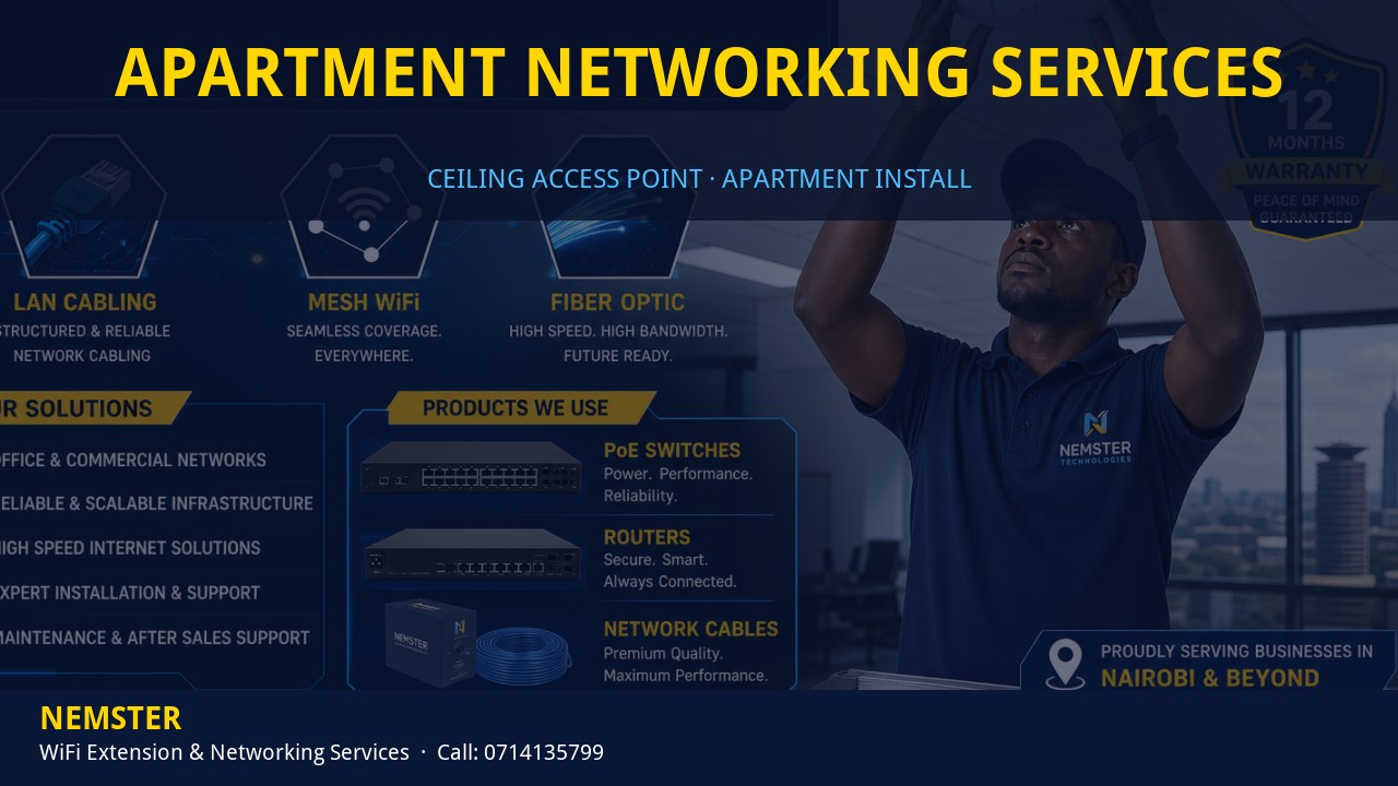 Technician installing a ceiling WiFi access point in an apartment corridor — Apartment Networking Services by Nemster in Nairobi & Kenya