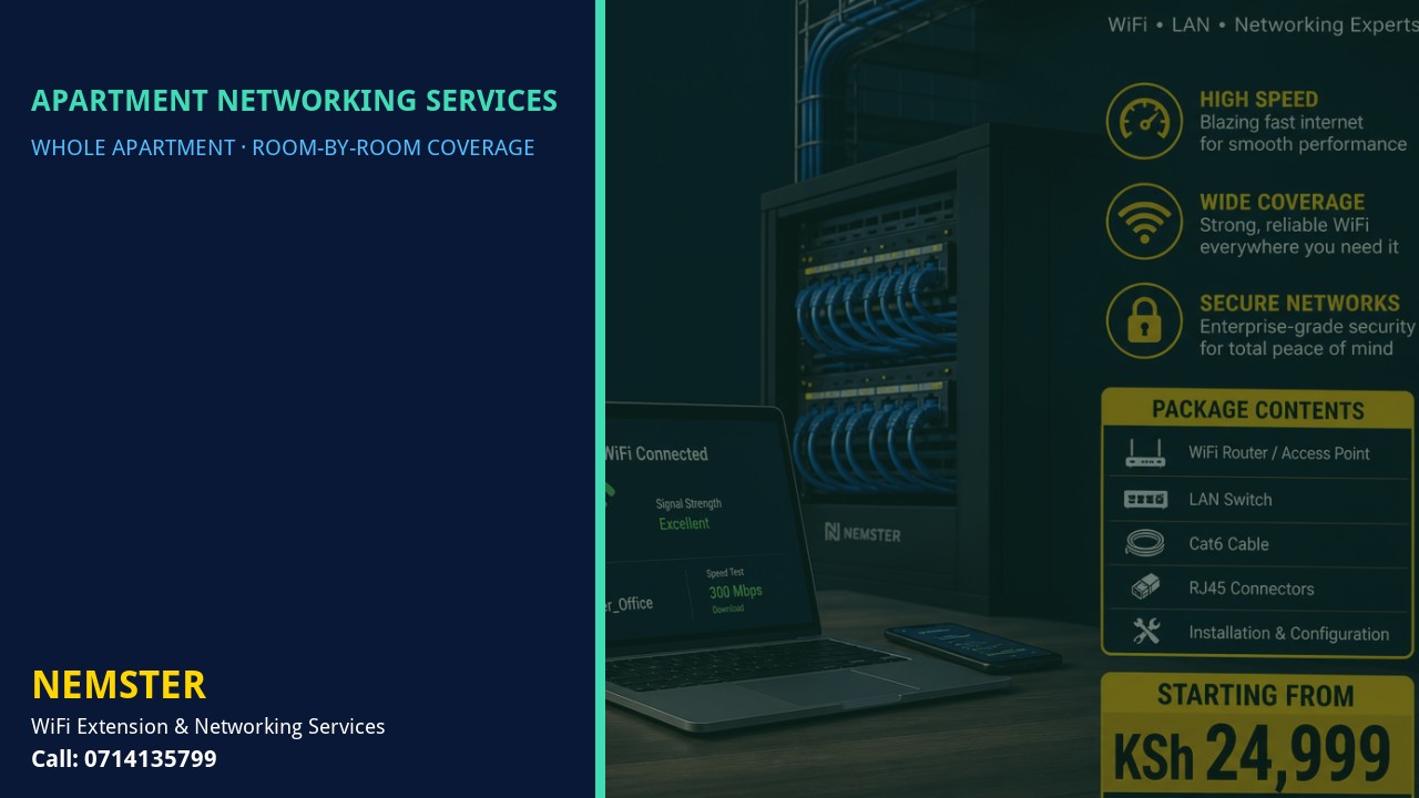 Modern apartment with multi-room WiFi coverage reaching lounge and bedrooms — Apartment Networking Services by Nemster in Nairobi & Kenya