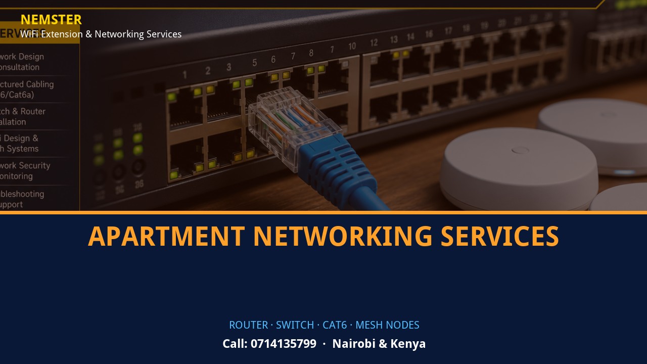 Close-up of router, PoE switch, Cat6 cabling and professional networking equipment — Apartment Networking Services by Nemster in Nairobi & Kenya