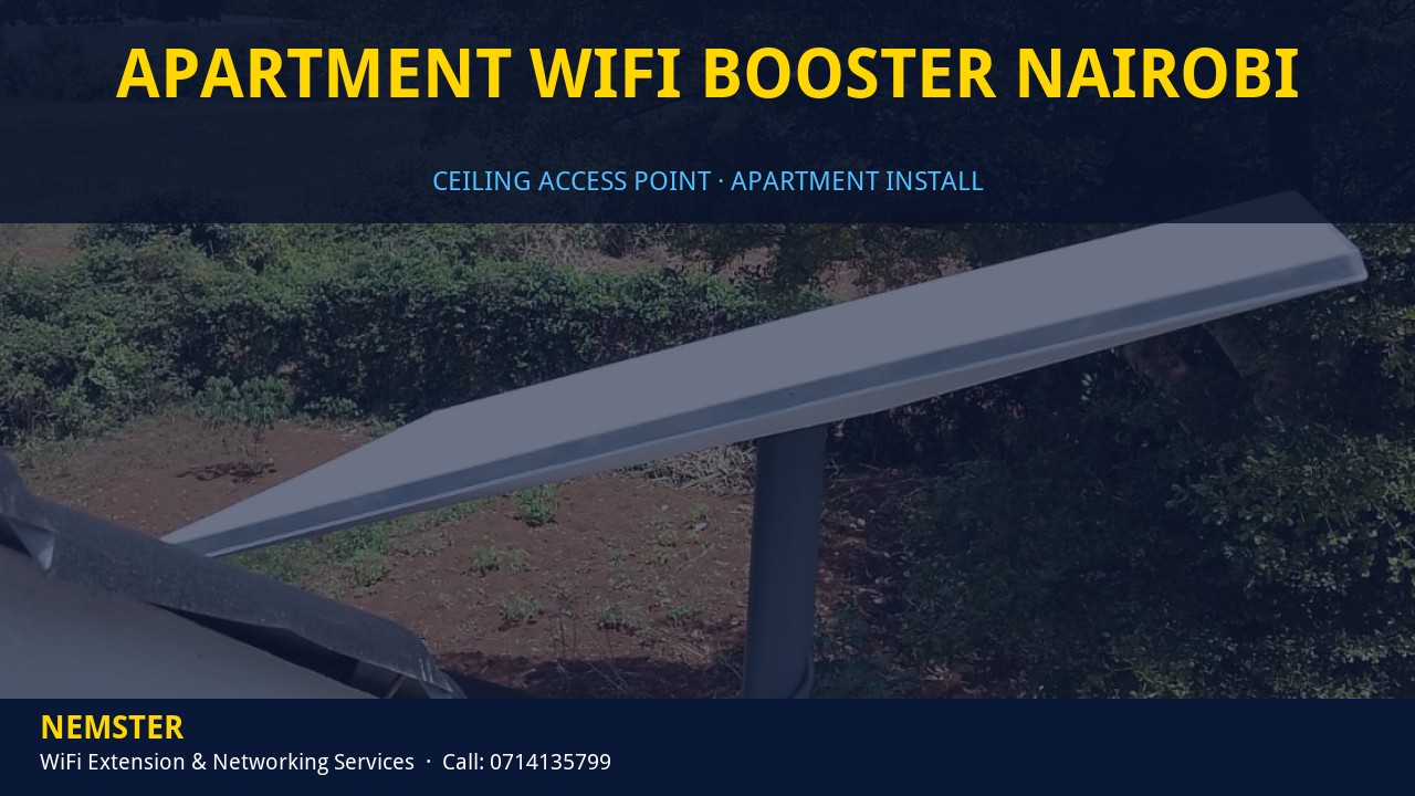 Apartment WiFi Booster Nairobi | Ceiling Ap Install | Nemster Technician installing a ceiling WiFi access point in an apartment corridor — Apartment WiFi Booster Nairobi by Nemster in Nairobi & Kenya