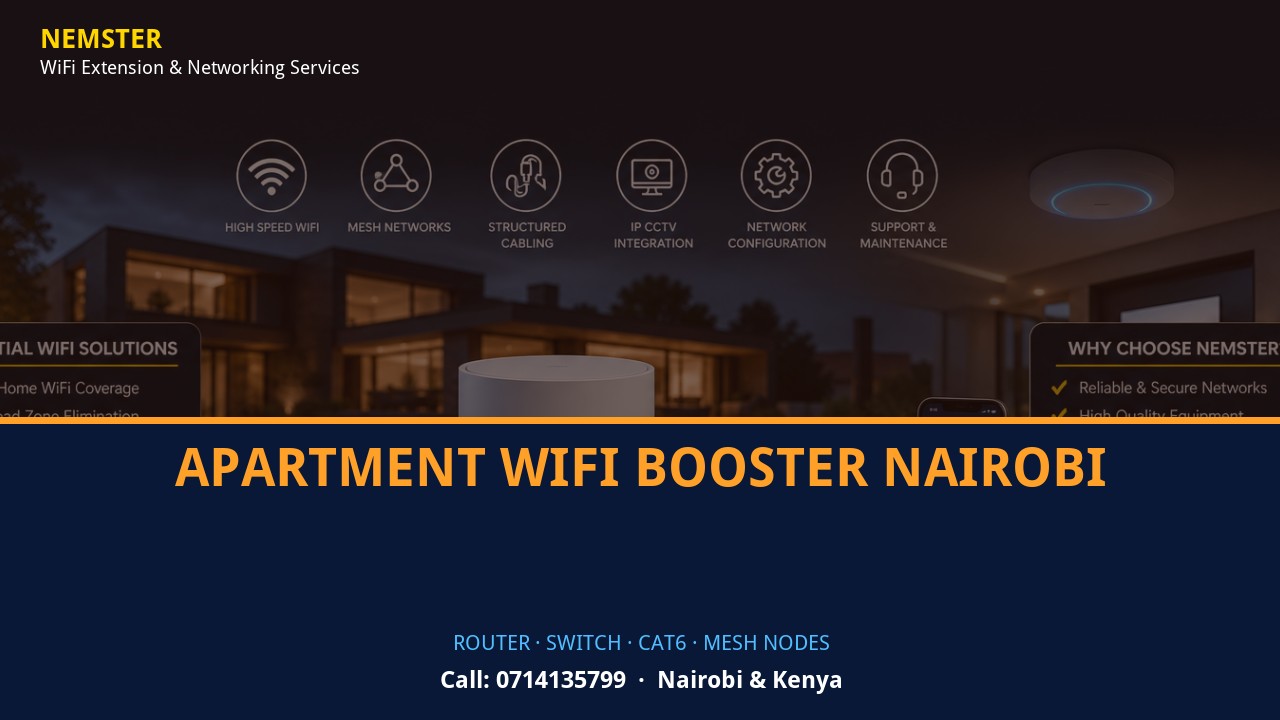 Apartment WiFi Booster Nairobi | Networking Equipment | Nemster Close-up of router, PoE switch, Cat6 cabling and professional networking equipment — Apartment WiFi Booster Nairobi by Nemster in Nairobi & Kenya