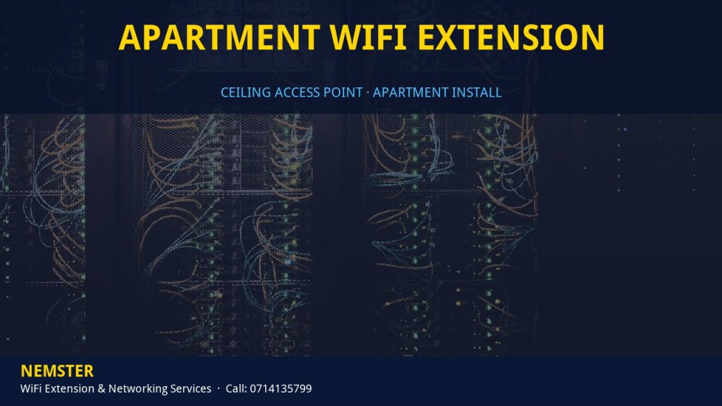 Technician installing a ceiling WiFi access point in an apartment corridor — Apartment WiFi Extension by Nemster in Nairobi & Kenya