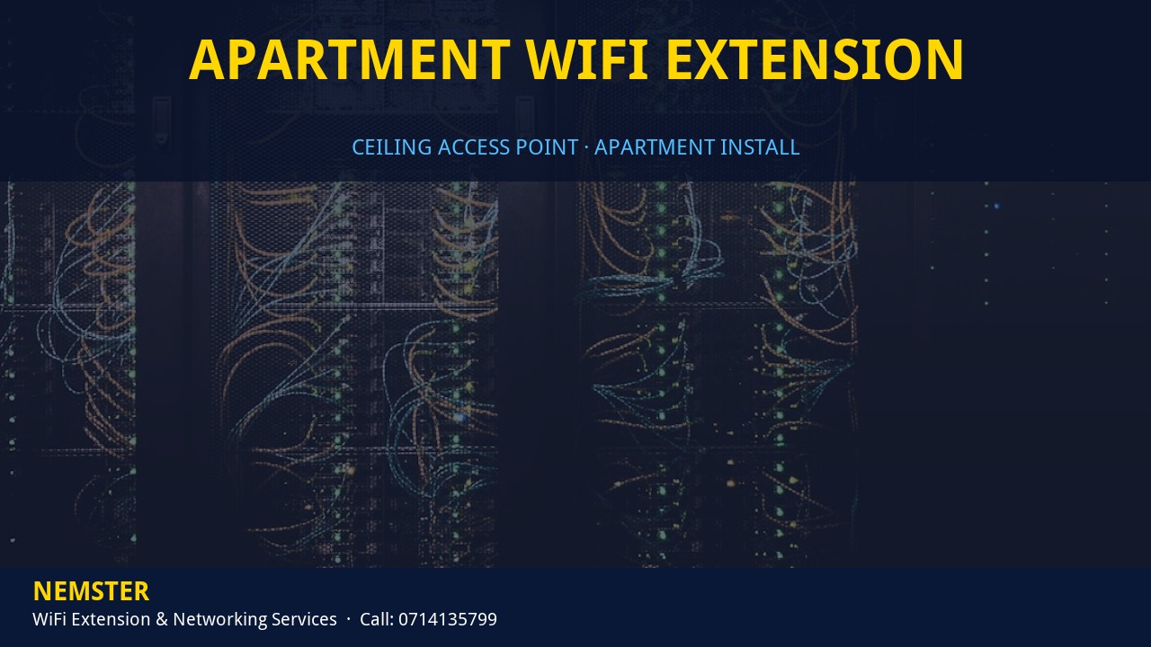 Technician installing a ceiling WiFi access point in an apartment corridor — Apartment WiFi Extension by Nemster in Nairobi & Kenya