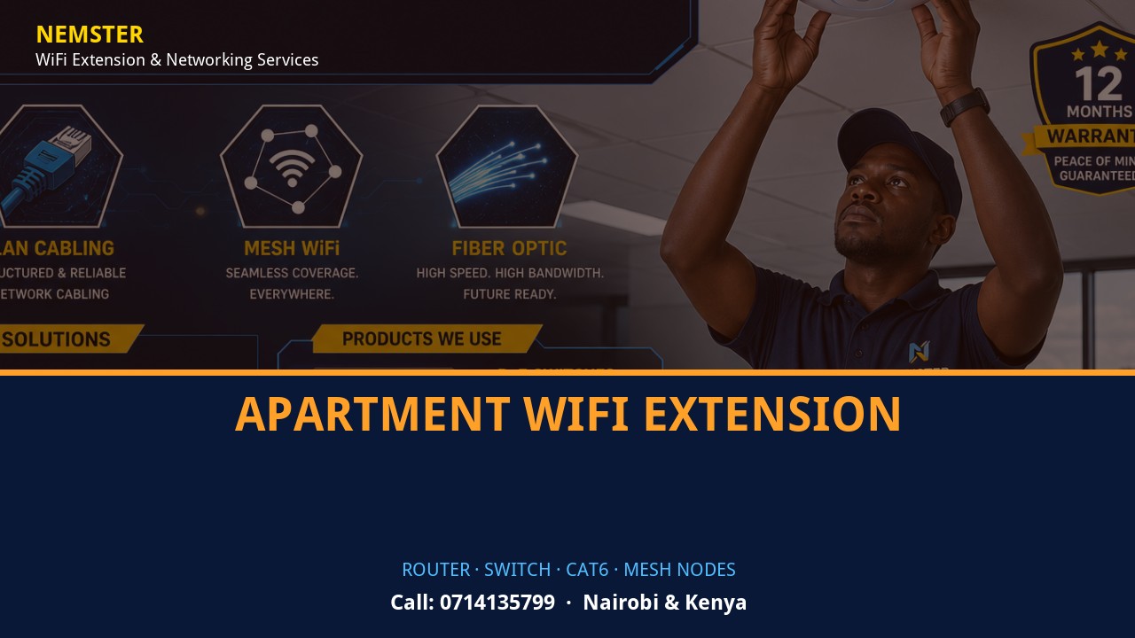 Close-up of router, PoE switch, Cat6 cabling and professional networking equipment — Apartment WiFi Extension by Nemster in Nairobi & Kenya
