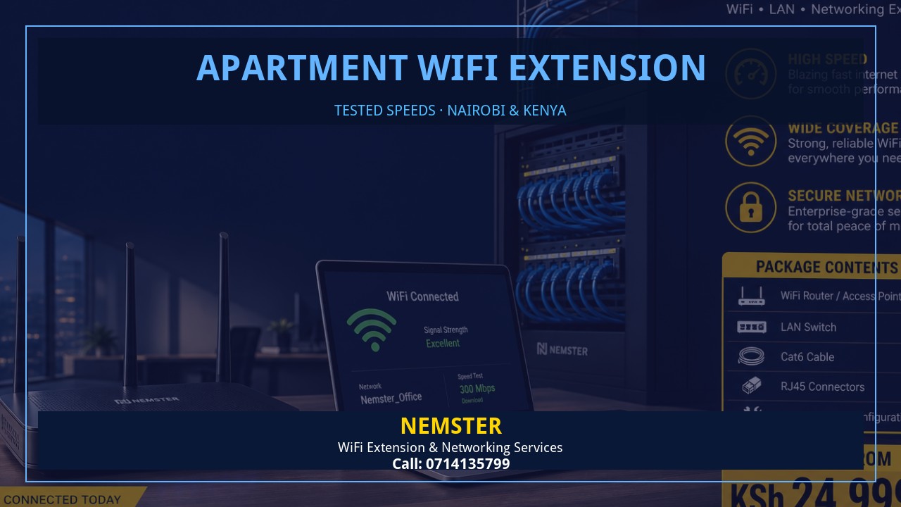 Resident using a laptop in an apartment with strong reliable WiFi coverage — Apartment WiFi Extension by Nemster in Nairobi & Kenya