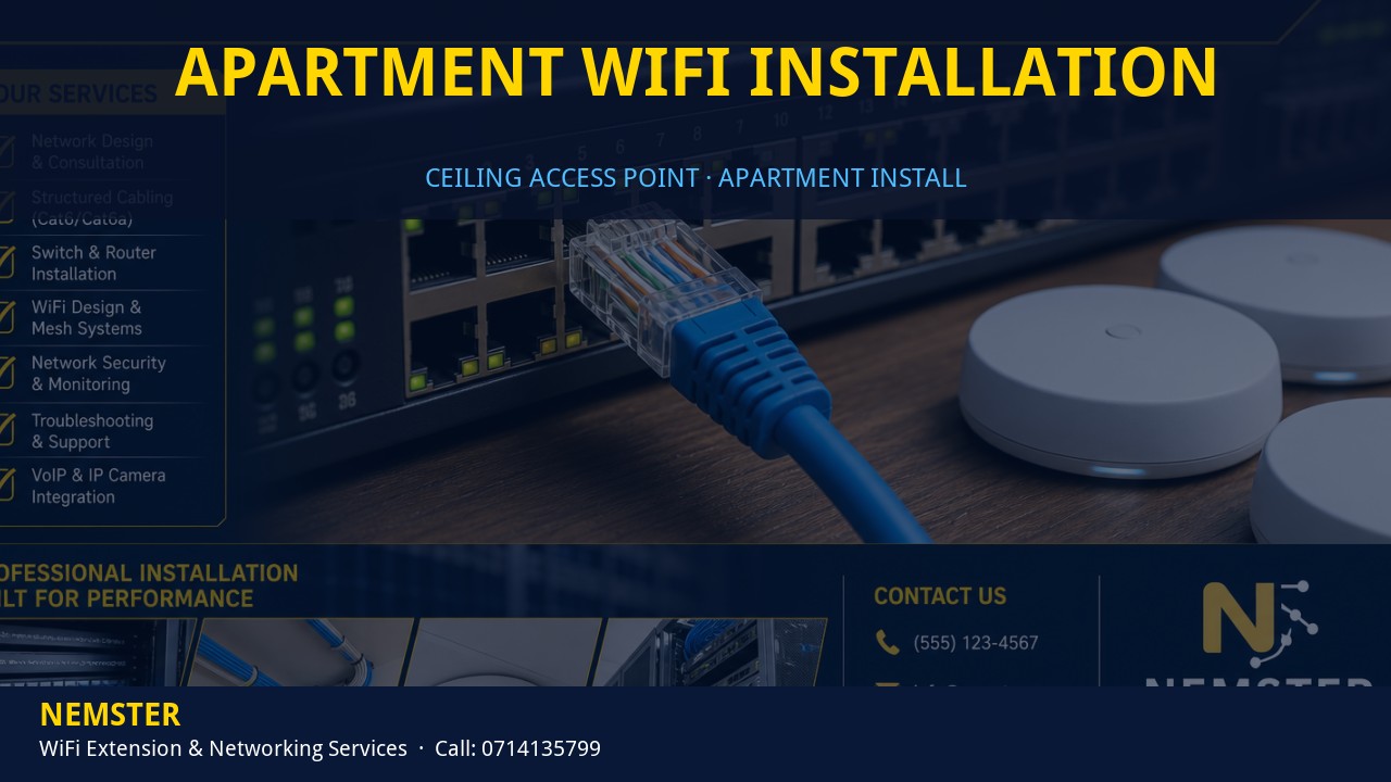 Technician installing a ceiling WiFi access point in an apartment corridor — Apartment WiFi Installation by Nemster in Nairobi & Kenya