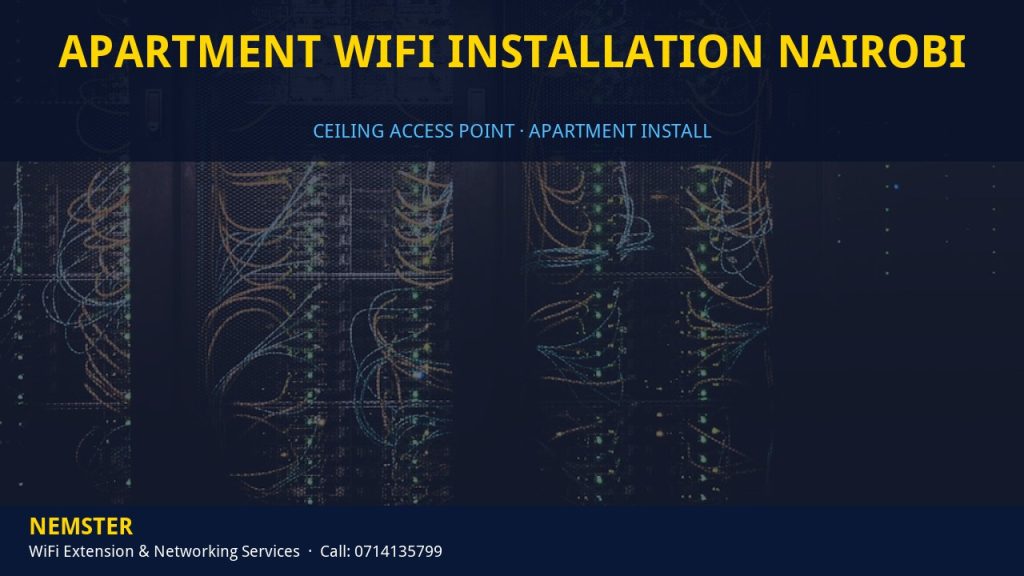 Technician installing a ceiling WiFi access point in an apartment corridor — Apartment WiFi Installation Nairobi by Nemster in Nairobi & Kenya