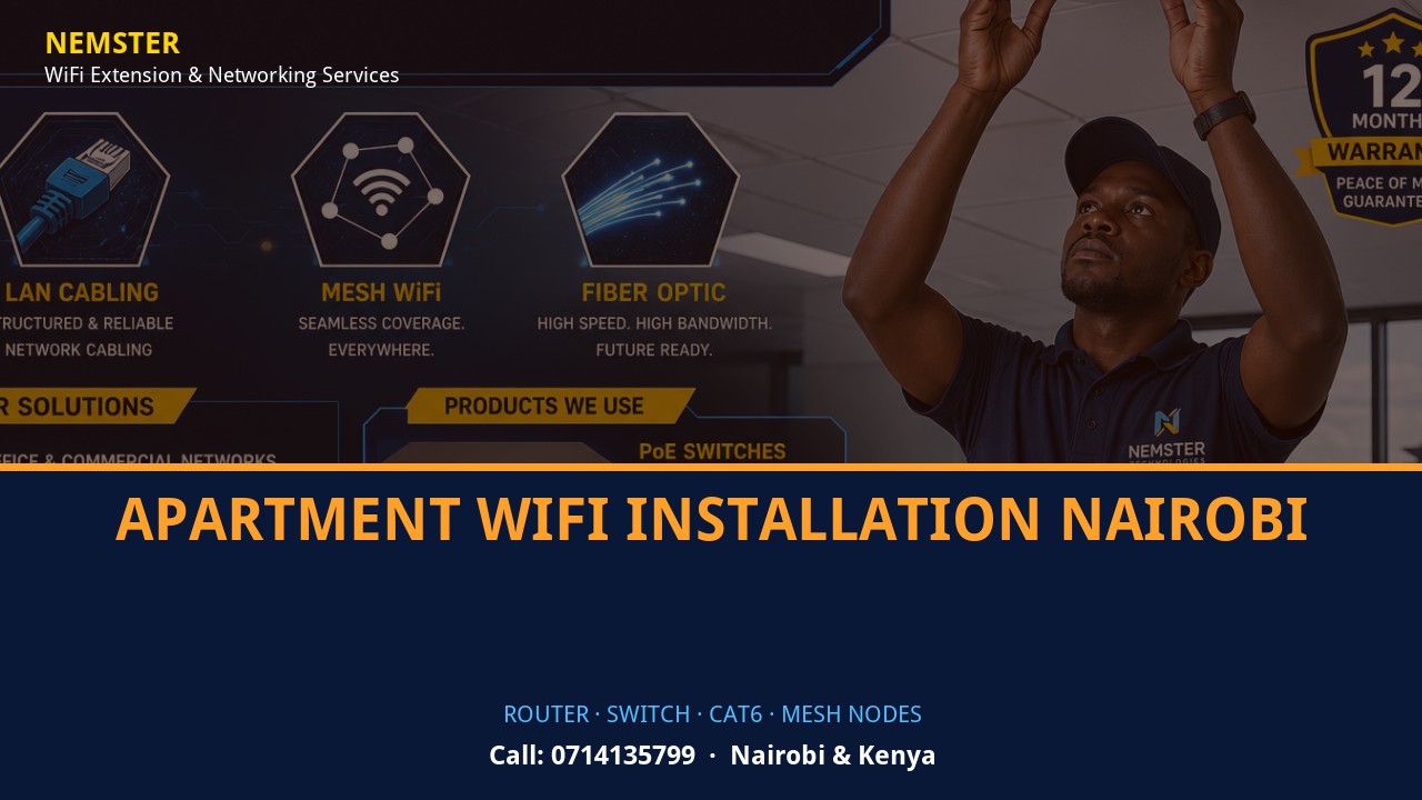 Close-up of router, PoE switch, Cat6 cabling and professional networking equipment — Apartment WiFi Installation Nairobi by Nemster in Nairobi & Kenya