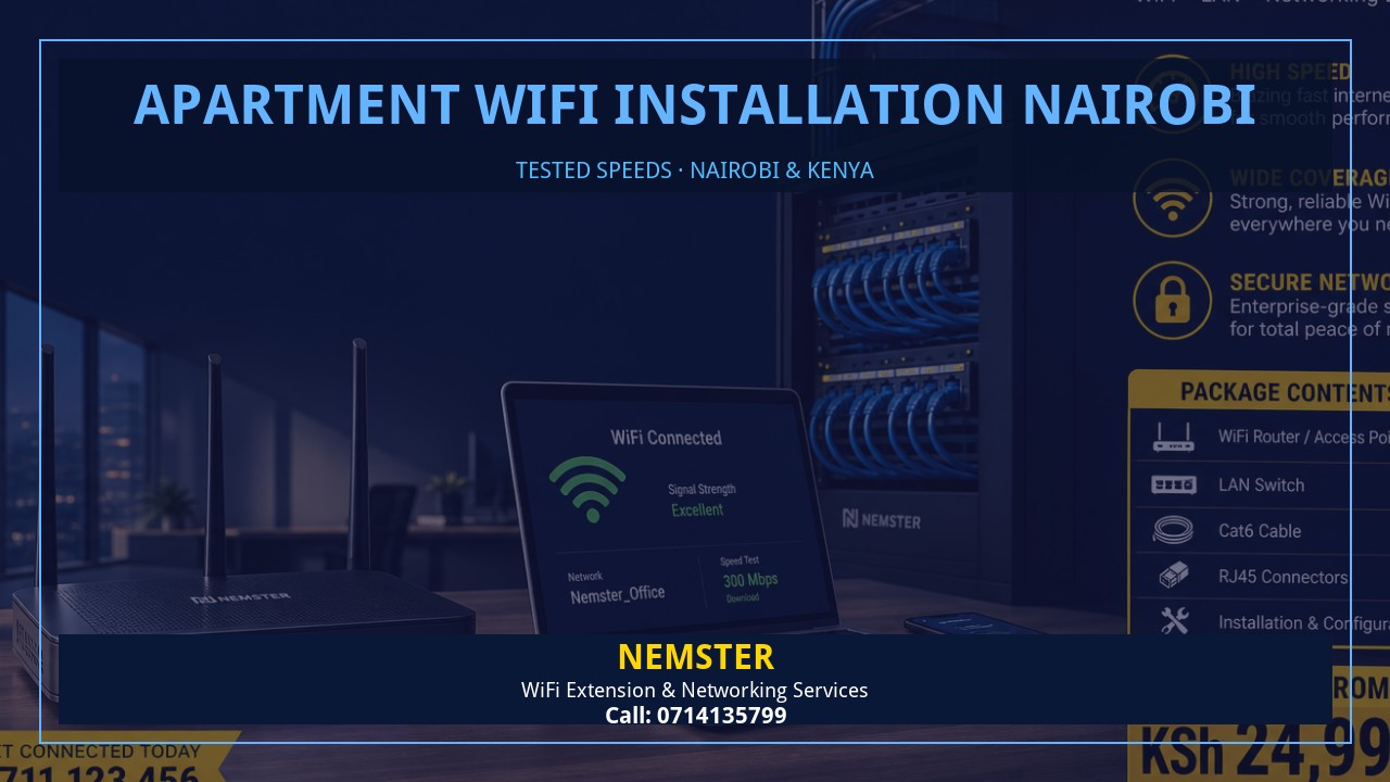 Resident using a laptop in an apartment with strong reliable WiFi coverage — Apartment WiFi Installation Nairobi by Nemster in Nairobi & Kenya