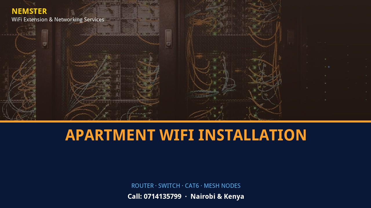 Close-up of router, PoE switch, Cat6 cabling and professional networking equipment — Apartment WiFi Installation by Nemster in Nairobi & Kenya
