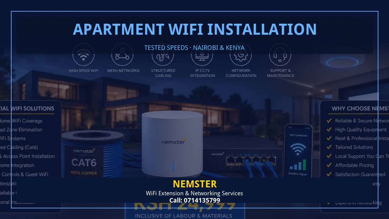 Resident using a laptop in an apartment with strong reliable WiFi coverage — Apartment WiFi Installation by Nemster in Nairobi & Kenya