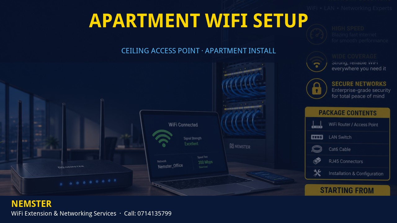 Technician installing a ceiling WiFi access point in an apartment corridor — Apartment WiFi Setup by Nemster in Nairobi & Kenya