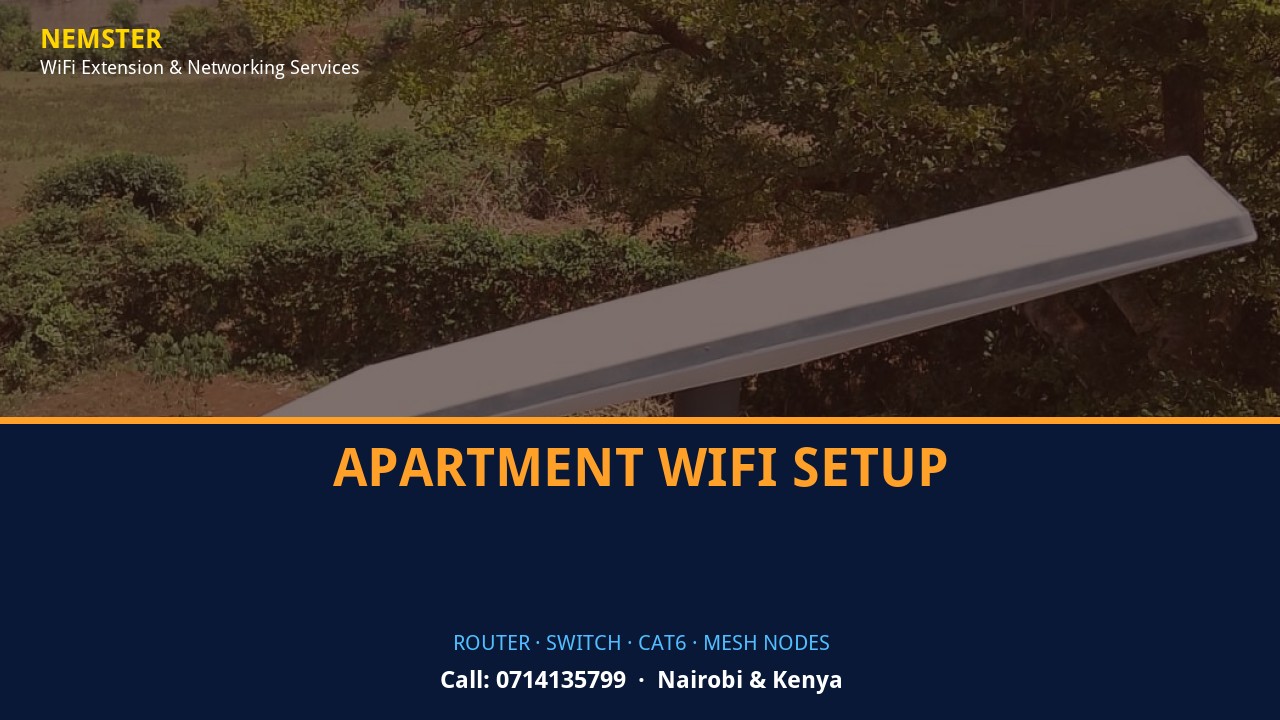 Close-up of router, PoE switch, Cat6 cabling and professional networking equipment — Apartment WiFi Setup by Nemster in Nairobi & Kenya