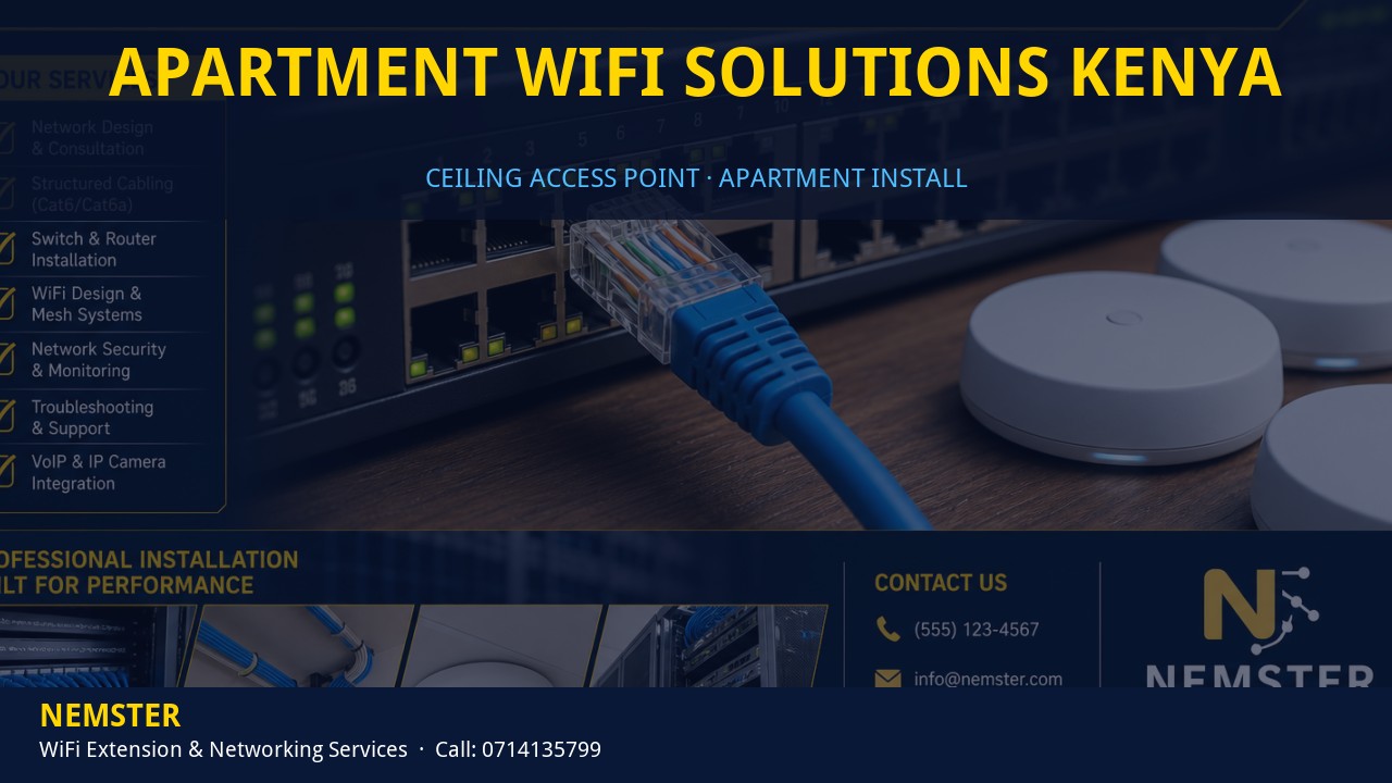 Technician installing a ceiling WiFi access point in an apartment corridor — Apartment WiFi Solutions Kenya by Nemster in Nairobi & Kenya