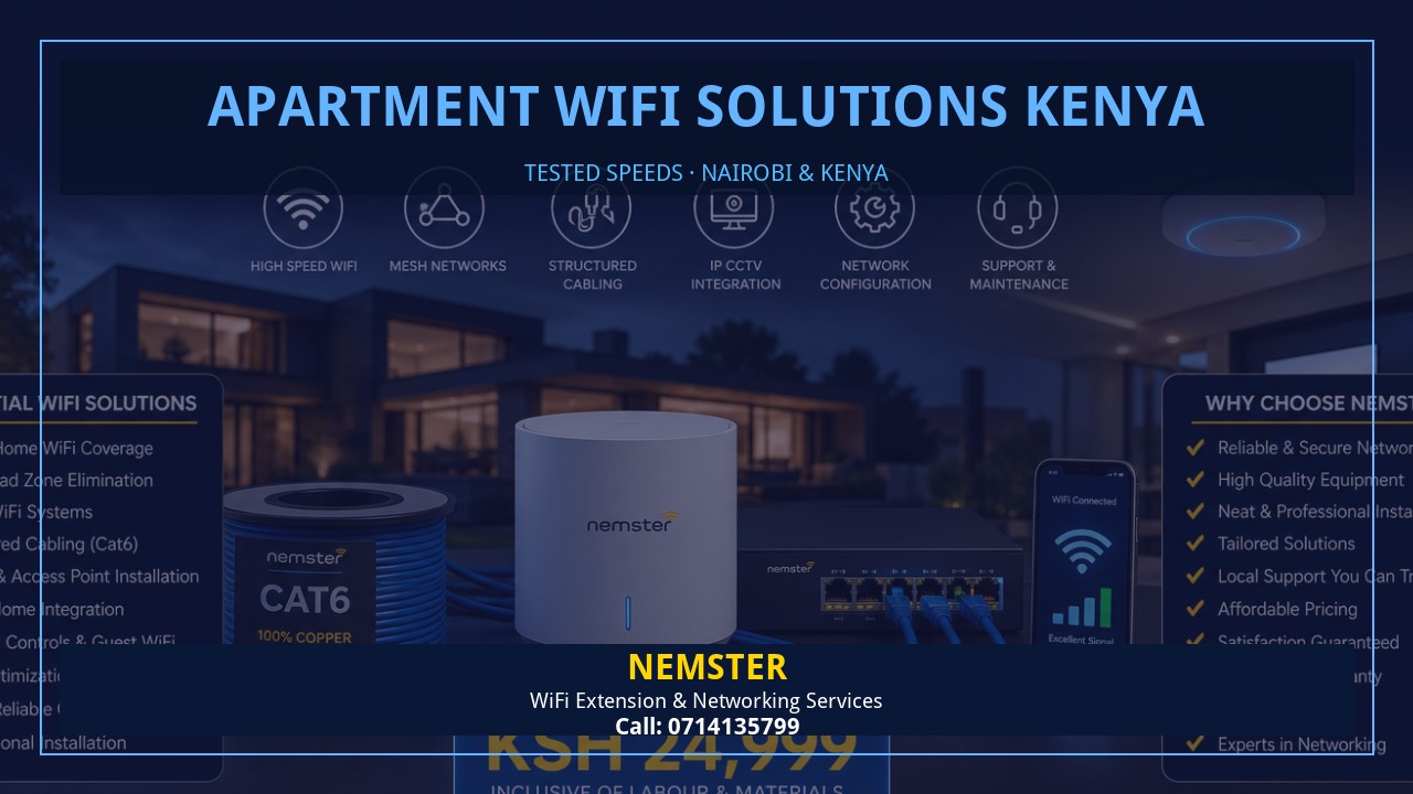 Resident using a laptop in an apartment with strong reliable WiFi coverage — Apartment WiFi Solutions Kenya by Nemster in Nairobi & Kenya