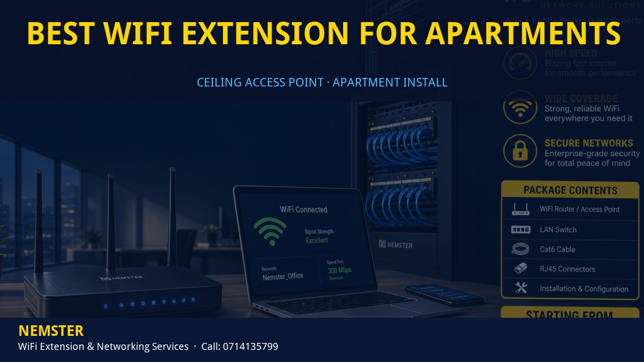 Technician installing a ceiling WiFi access point in an apartment corridor — Best WiFi Extension for Apartments by Nemster in Nairobi & Kenya