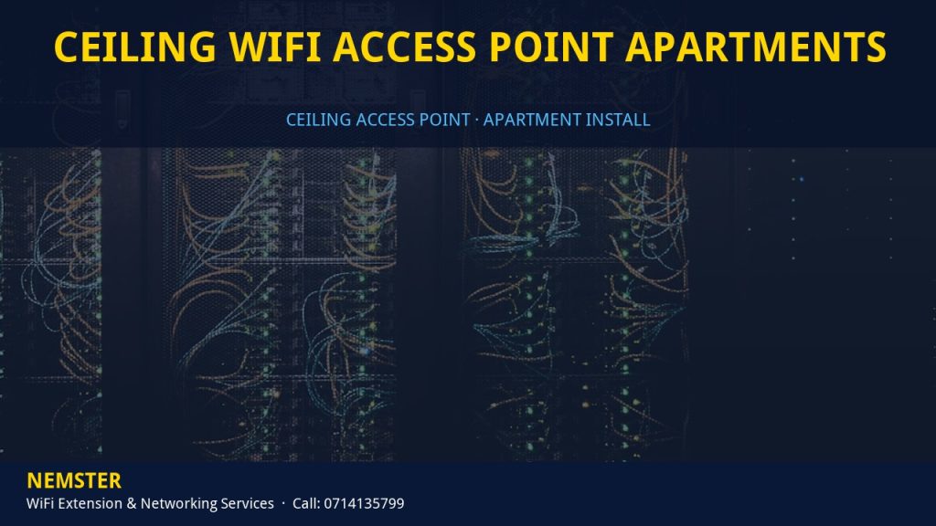 Technician installing a ceiling WiFi access point in an apartment corridor — Ceiling WiFi Access Point Apartments by Nemster in Nairobi & Kenya