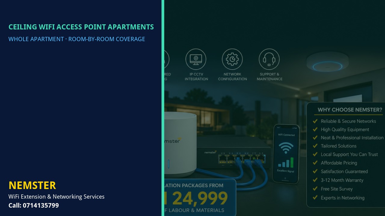 Ceiling WiFi Access Point Apartments | Multi Room Coverage | Nemster Modern apartment with multi-room WiFi coverage reaching lounge and bedrooms — Ceiling WiFi Access Point Apartments by Nemster in Nairobi & Kenya