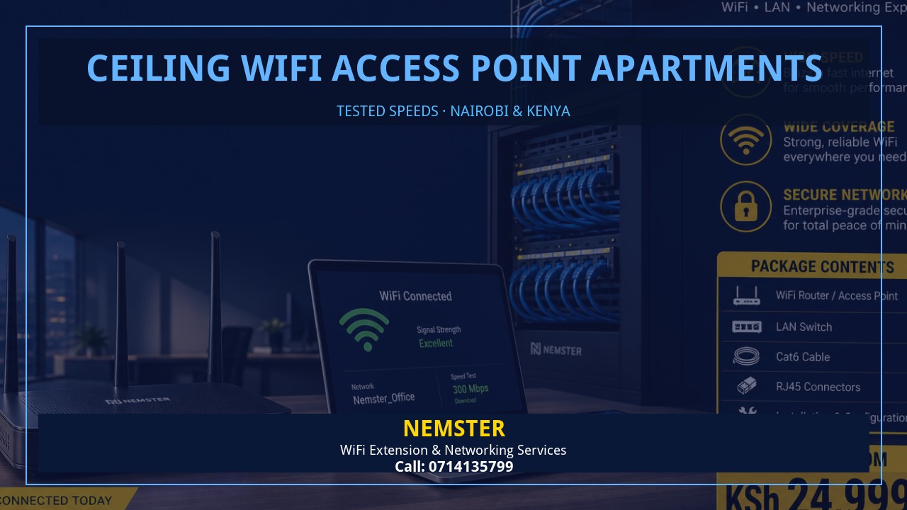 Ceiling WiFi Access Point Apartments | Resident Strong Wifi | Nemster Resident using a laptop in an apartment with strong reliable WiFi coverage — Ceiling WiFi Access Point Apartments by Nemster in Nairobi & Kenya