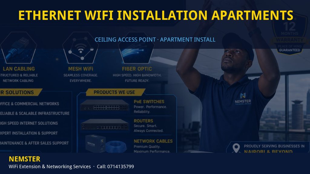 Technician installing a ceiling WiFi access point in an apartment corridor — Ethernet WiFi Installation Apartments by Nemster in Nairobi & Kenya