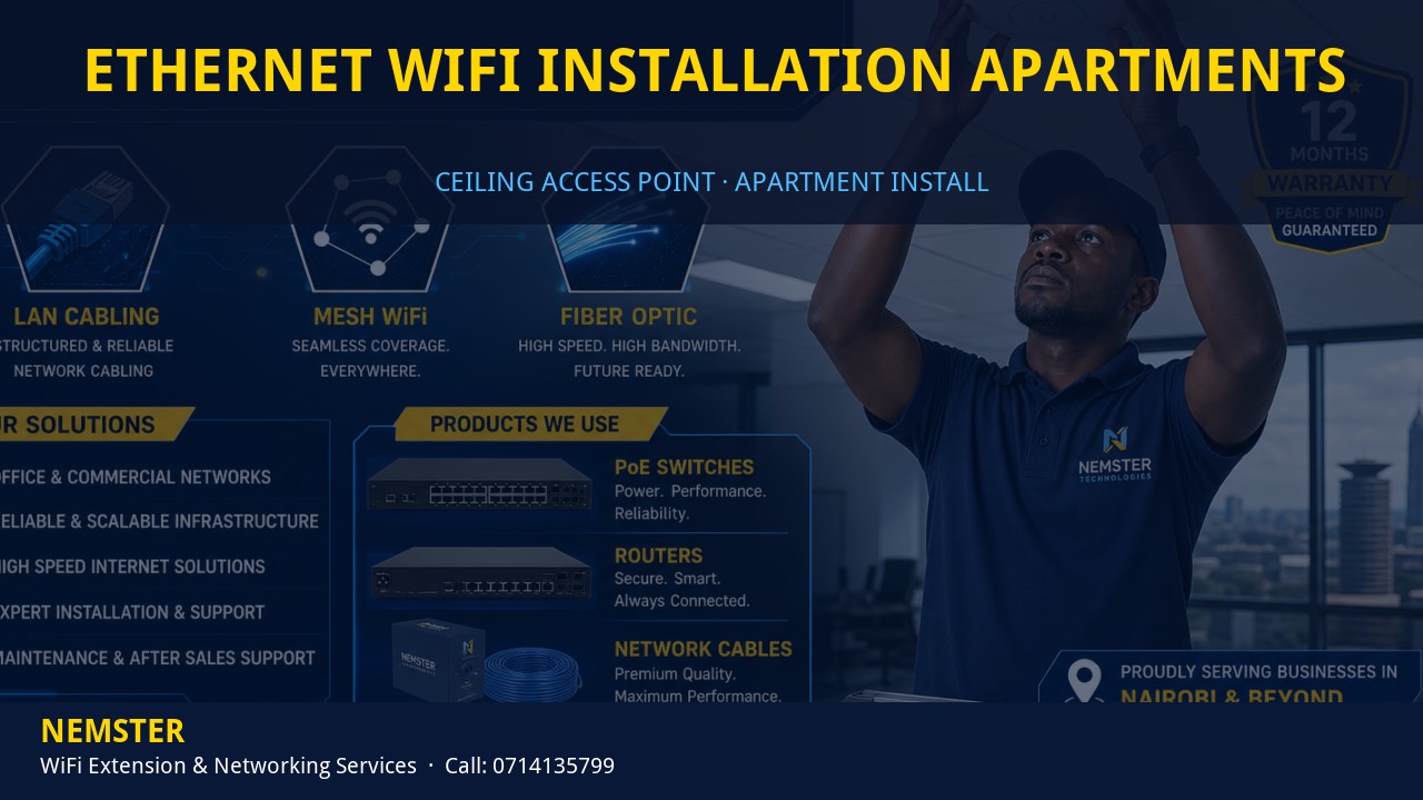 Technician installing a ceiling WiFi access point in an apartment corridor — Ethernet WiFi Installation Apartments by Nemster in Nairobi & Kenya