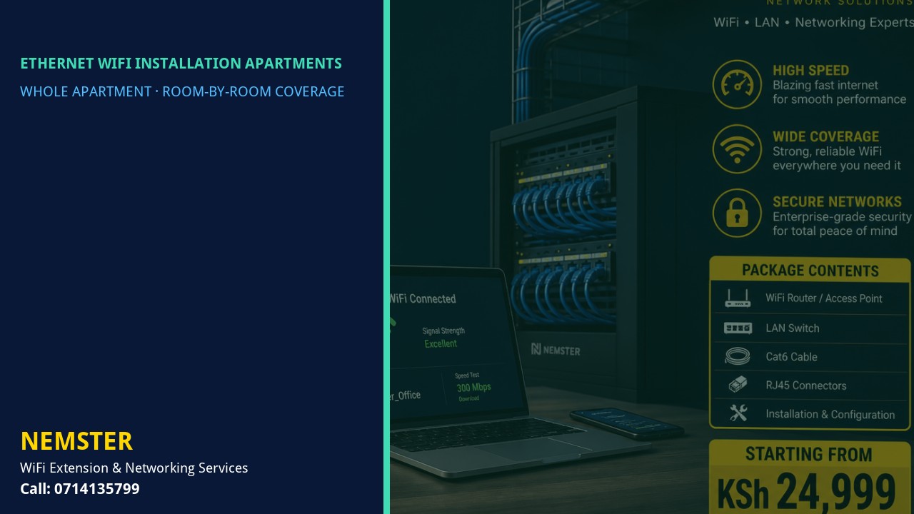 Modern apartment with multi-room WiFi coverage reaching lounge and bedrooms — Ethernet WiFi Installation Apartments by Nemster in Nairobi & Kenya