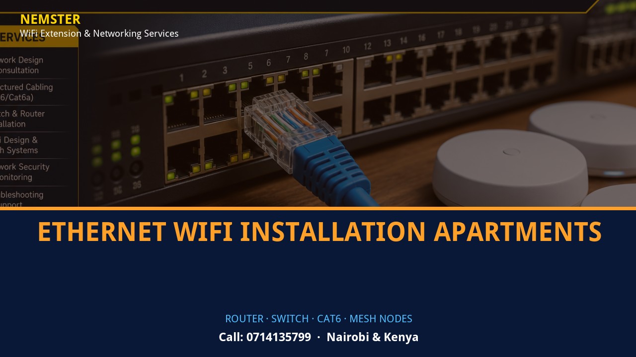 Close-up of router, PoE switch, Cat6 cabling and professional networking equipment — Ethernet WiFi Installation Apartments by Nemster in Nairobi & Kenya