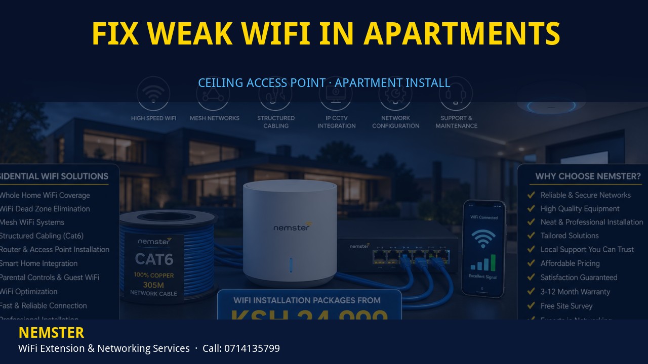 Technician installing a ceiling WiFi access point in an apartment corridor — Fix Weak WiFi in Apartments by Nemster in Nairobi & Kenya
