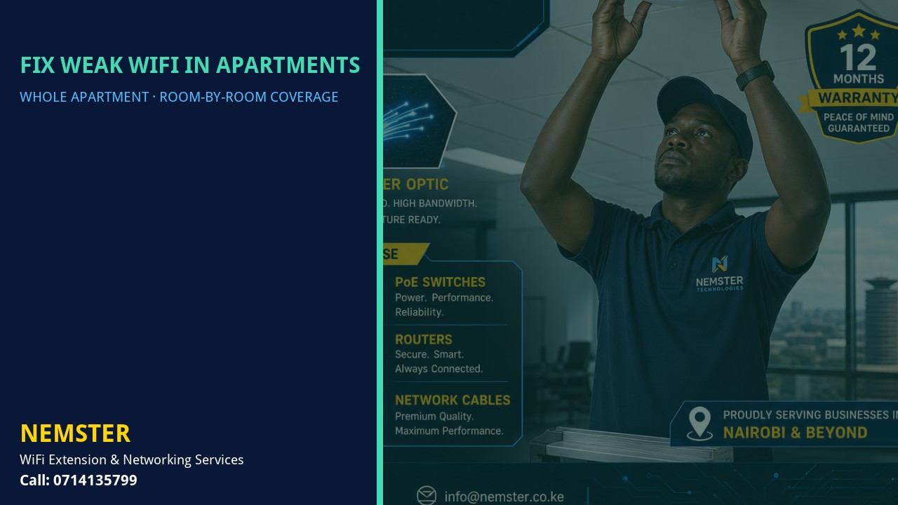 Modern apartment with multi-room WiFi coverage reaching lounge and bedrooms — Fix Weak WiFi in Apartments by Nemster in Nairobi & Kenya