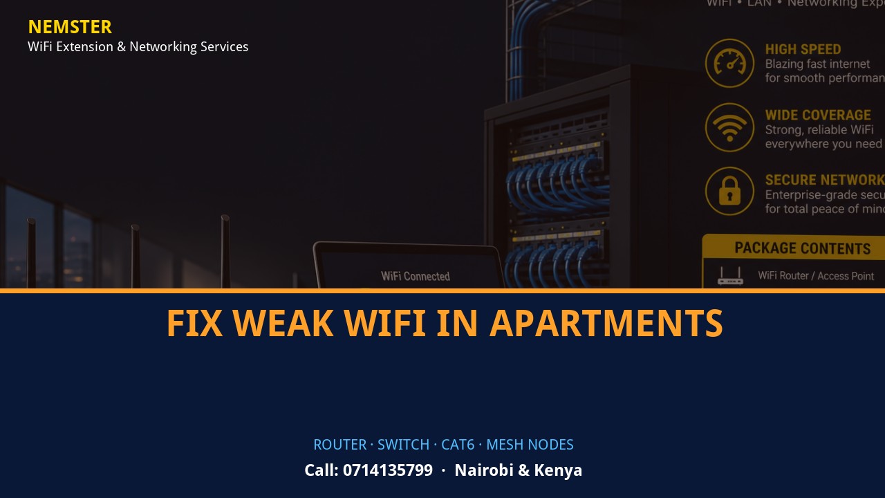 Close-up of router, PoE switch, Cat6 cabling and professional networking equipment — Fix Weak WiFi in Apartments by Nemster in Nairobi & Kenya