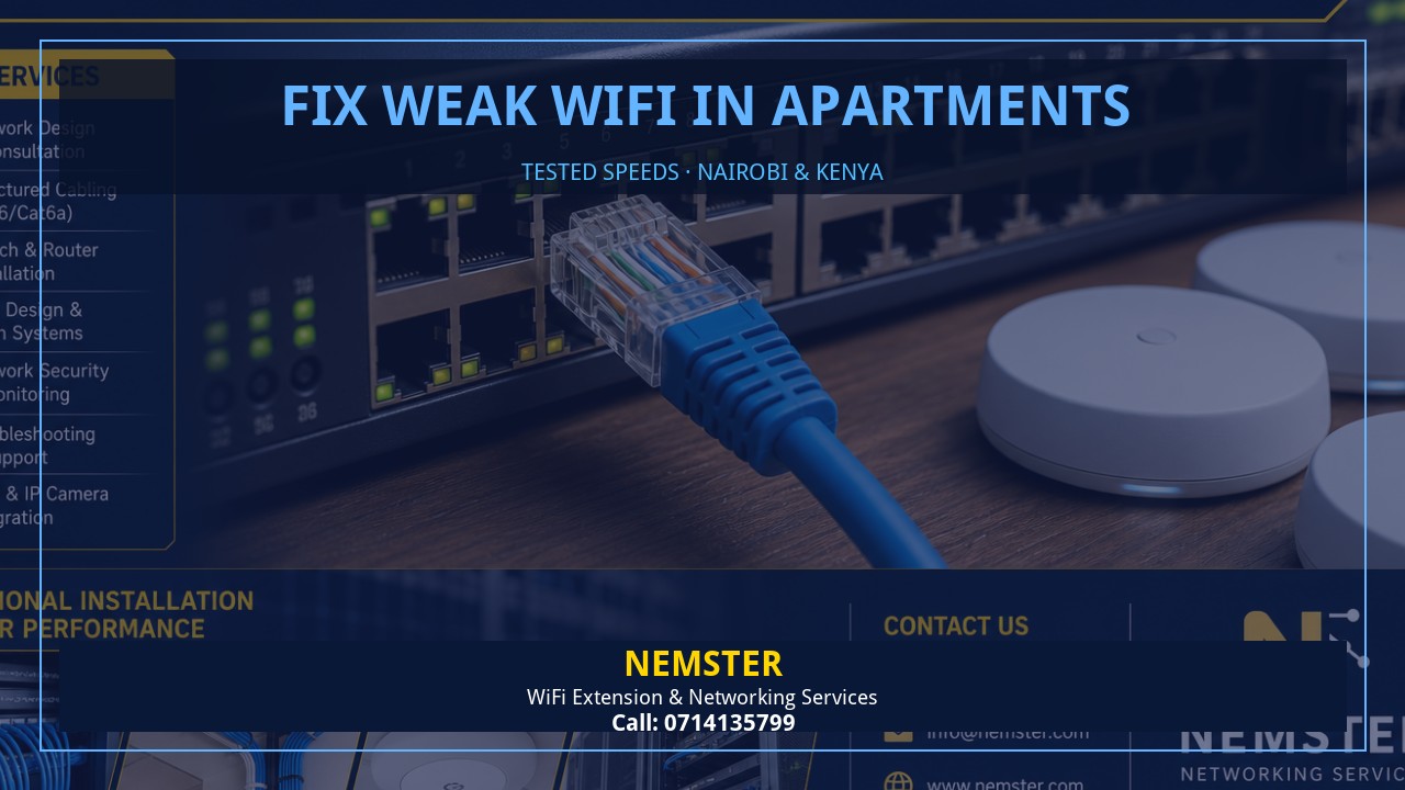 Resident using a laptop in an apartment with strong reliable WiFi coverage — Fix Weak WiFi in Apartments by Nemster in Nairobi & Kenya