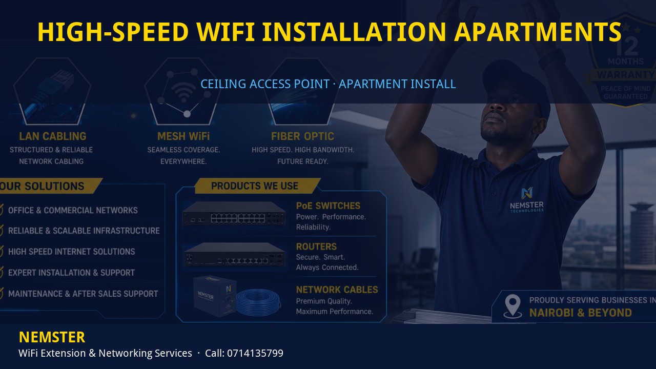 High-Speed WiFi Installation Apartments | Ceiling Ap Install | Nemster Technician installing a ceiling WiFi access point in an apartment corridor — High-Speed WiFi Installation Apartments by Nemster in Nairobi & Kenya
