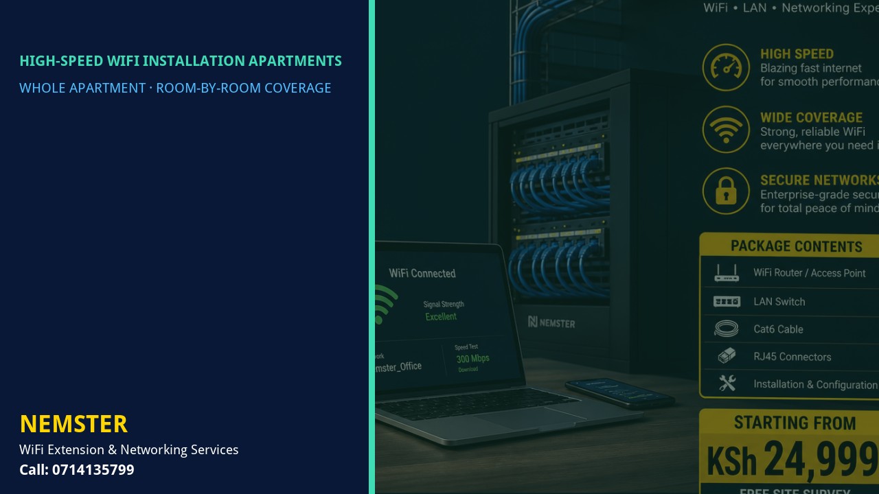 High-Speed WiFi Installation Apartments | Multi Room Coverage | Nemster Modern apartment with multi-room WiFi coverage reaching lounge and bedrooms — High-Speed WiFi Installation Apartments by Nemster in Nairobi & Kenya