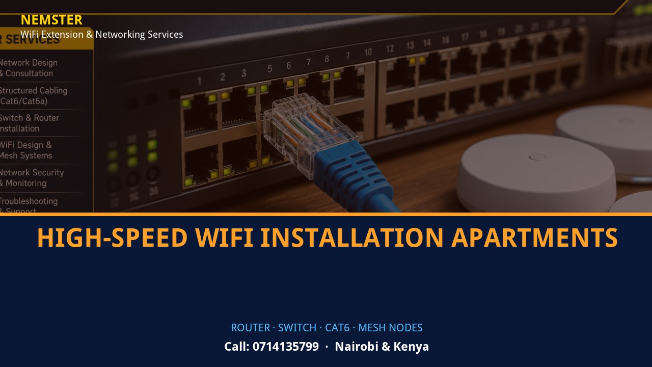High-Speed WiFi Installation Apartments | Networking Equipment | Nemster Close-up of router, PoE switch, Cat6 cabling and professional networking equipment — High-Speed WiFi Installation Apartments by Nemster in Nairobi & Kenya