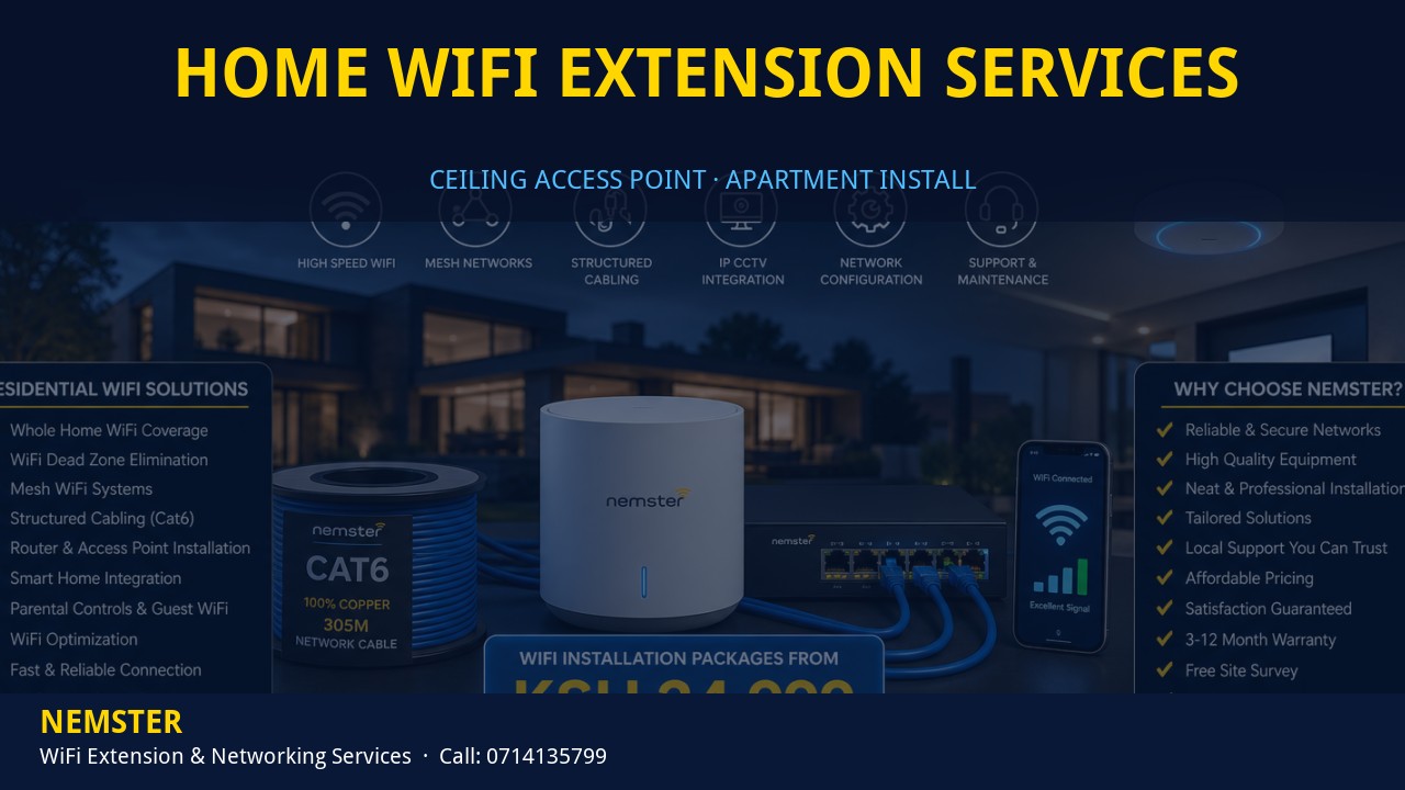 Home WiFi Extension Services | Ceiling Ap Install | Nemster Technician installing a ceiling WiFi access point in an apartment corridor — Home WiFi Extension Services by Nemster in Nairobi & Kenya